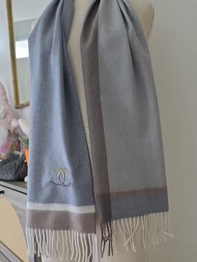 CHANEL Light Gray and Taupe Striped Wool Scarf